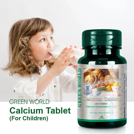 Green World Calcium Tablets for Children & Teens | Chewable 30 Tablets | 225mg Elemental Calcium per Tablet | Strengthens Bones & Teeth, Builds Bone Density | Worldwide Shipping - Green World Coin