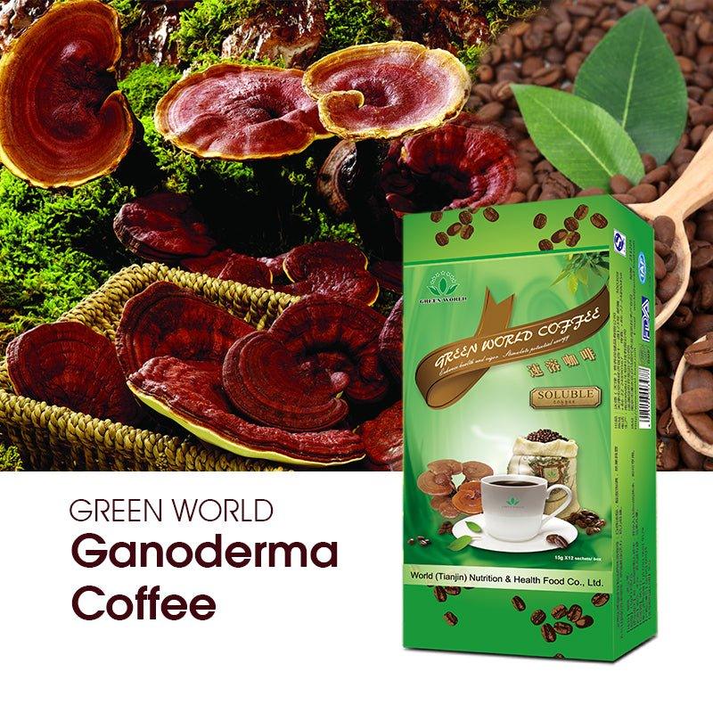 Green World Ganoderma Reishi Mushroom Coffee - Immune Support & Revitalizing Blend (12 Sachets) - Worldwide Shipping to USA, Canada, UK, France - Green World Coin