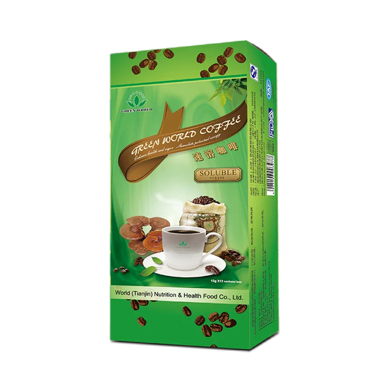 Green World Ganoderma Reishi Mushroom Coffee - Immune Support & Revitalizing Blend (12 Sachets) - Worldwide Shipping to USA, Canada, UK, France - Green World Coin